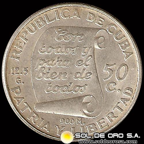 NA2 - REPUBLICA DE CUBA - 50 CENTAVOS - 1953 - PATRIA Y LIBERTAD - MONEDA DE PLATA 