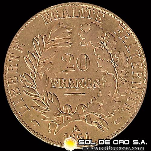 FRANCIA - REPUBLIQUE FRANCAISE - 20 FRANCOS, 1851 - MONEDA DE ORO