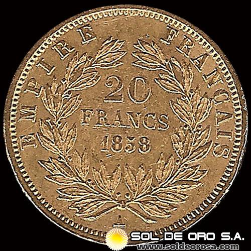 FRANCIA - IMPERIO FRANCES - 20 FRANCOS, 1858 - NAPOLEON III - MONEDA DE ORO