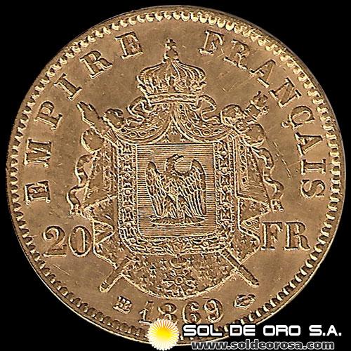 FRANCIA - 20 FRANCOS, TIPO NAPOLEON III, 1869 - MONEDA DE ORO