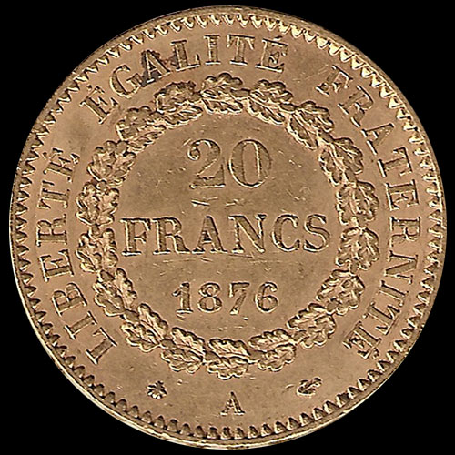 FRANCIA - REPUBLIQUE FRANCAISE - 20 FRANCOS, TIPO ANGEL ESCRIBIENDO, 1876 - MONEDA DE ORO