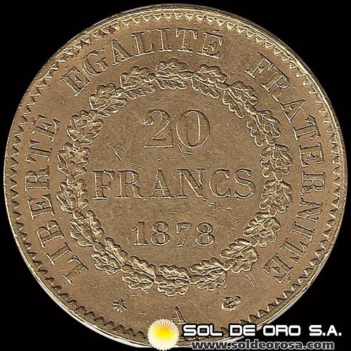 FRANCIA - REPUBLIQUE FRANCAISE - 20 FRANCOS, ANGEL ESCRIBIENDO - 1878 - MONEDA DE ORO