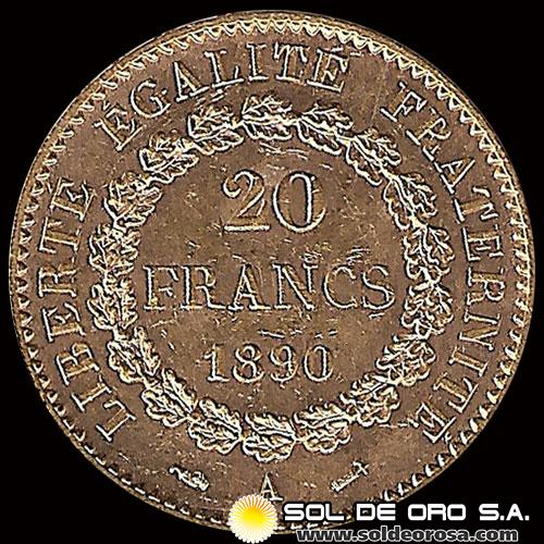 FRANCIA - 20 FRANCOS, TIPO ANGEL ESCRIBIENDO, 1890 - MONEDA DE ORO