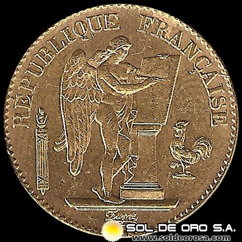 FRANCIA - REPUBLIQUE FRANCAISE - 20 FRANCOS, ANGEL ESCRIBIENDO - 1893 - MONEDA DE ORO
