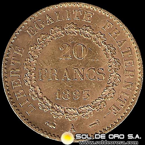 FRANCIA - REPUBLIQUE FRANCAISE - 20 FRANCOS, TIPO ANGEL ESCRIBIENDO - 1893 - MONEDA DE ORO
