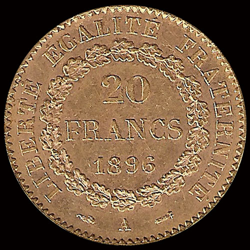 FRANCIA - REPUBLIQUE FRANCAISE - 20 FRANCOS, ANGEL ESCRIBIENDO - 1896 - MONEDA DE ORO