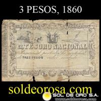 NUMIS - BILLETE DEL PARAGUAY - 1860 - TRES PESOS (MC 21) - FIRMAS: JOSE FALCON - MANUEL FERRIOL - TESORO NACIONAL