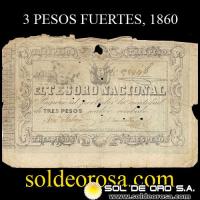 NUMIS - BILLETE DEL PARAGUAY - 1860 - TRES PESOS (MC 21) - FIRMAS: JOSE FALCON - MANUEL FERRIOL - TESORO NACIONAL 