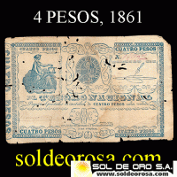 NUMIS - BILLETES DEL PARAGUAY - 1861 - CUATRO PESOS (MC23) - FIRMAS: CIRIACO MOLINAS - ROSENDO CARISSIMO - TESORO NACIONAL