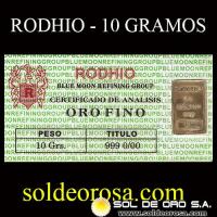 RODHIO - BARRA DE 10 GRAMOS DE ORO 24K (999)