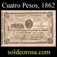 NUMIS - BILLETE DEL PARAGUAY - 1862 - CUATRO PESOS (MC 24.b) -FIRMAS: RAMON MAZO - AGUSTIN TRIGO - TESORO NACIONAL