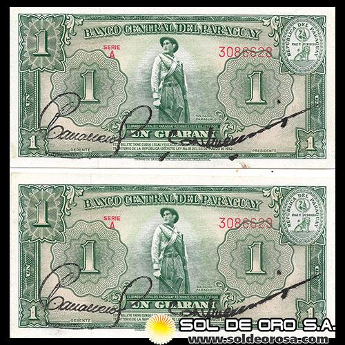 NUMIS - BILLETES DEL PARAGUAY - 1952 - UN GUARANI (MC203.a) - FIRMAS: PEDRO A. CABALLERO - EPIFANIO MENDEZ - NUMEROS CORRELATIVOS - BANCO CENTRAL DEL PARAGUAY