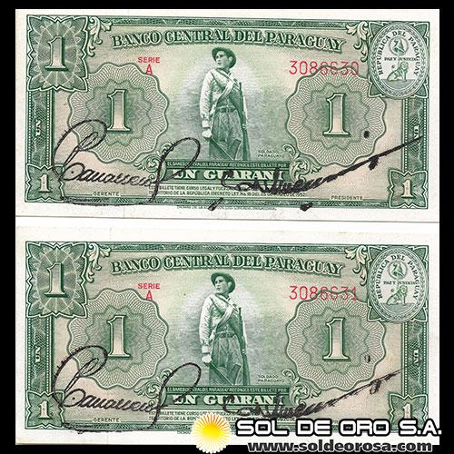NUMIS - BILLETES DEL PARAGUAY - 1952 - UN GUARANI (MC203.a) - FIRMAS: PEDRO A. CABALLERO - EPIFANIO MENDEZ - NUMEROS CORRELATIVOS - BANCO CENTRAL DEL PARAGUAY