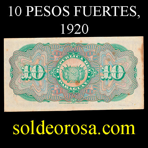 NUMIS - BILLETE DEL PARAGUAY - 1920 - DIEZ PESOS FUERTES (MC 176.a) - FIRMAS: MARIANO MORESCHI - ENRIQUE BORDENAVE - OFICINA DE CAMBIOS