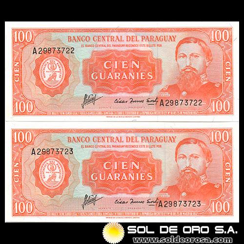 NUMIS - BILLETES DEL PARAGUAY - 1963 - CIEN GUARANIES (MC214.c3) - FIRMAS: OSCAR STARK RIVAROLA - CESAR ROMEO ACOSTA - NUMEROS CORRELATIVOS - BANCO CENTRAL DEL PARAGUAY