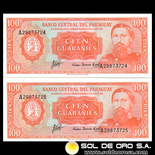 NUMIS - BILLETES DEL PARAGUAY - 1963 - CIEN GUARANIES (MC214.c3) - FIRMAS: OSCAR STARK RIVAROLA - CESAR ROMEO ACOSTA - NUMEROS CORRELATIVOS - BANCO CENTRAL DEL PARAGUAY