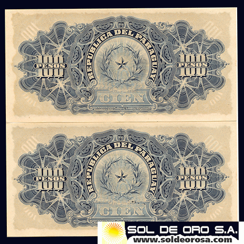 NUMIS - BILLETES DEL PARAGUAY - 1907 - BR - CIEN PESOS (MC163.c) - FIRMAS: M. VIVEROS - CRENSHAN MENENDEZ - BANCO DE LA REPUBLICA