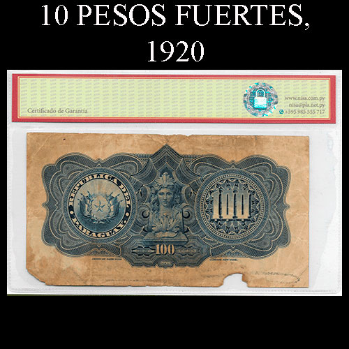 NUMIS - BILLETES DEL PARAGUAY - 1920 - CIEN PESOS FUERTES (MC178.b) - FIRMAS: MARIANO MORESCHI - LUIS RIART - OFICINA DE CAMBIOS