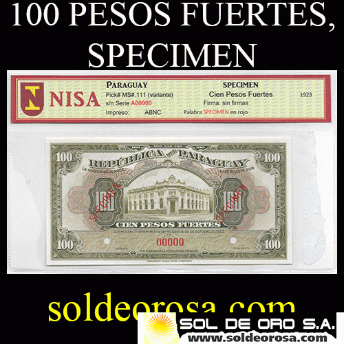 NUMIS - BILLETE DEL PARAGUAY - 1936 - CIEN PESOS FUERTES (MS.111) - SPECIMEN - SIN FIRMAS - REVERSO - LEON SENTADO EN MARRON - BANCO DE LA REPUBLICA DEL PARAGUAY