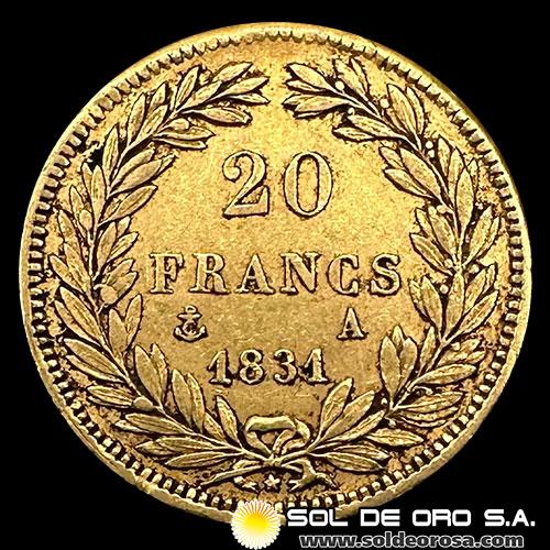 FRANCIA - REPUBLIQUE FRANCAISE - 20 FRANCOS, LOUIS PHILIPPE I - 1831 - MONEDA DE ORO