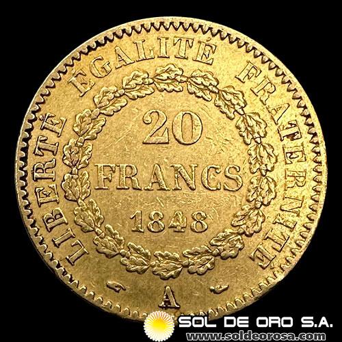 FRANCIA - REPUBLIQUE FRANCAISE - 20 FRANCOS, TIPO ANGEL ESCRIBIENDO - 1848 - MONEDA DE ORO