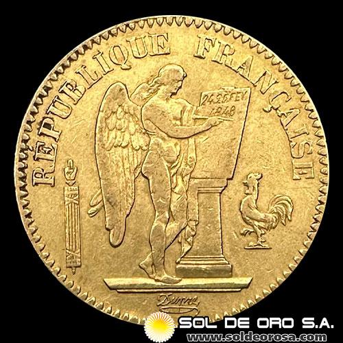 FRANCIA - REPUBLIQUE FRANCAISE - 20 FRANCOS, TIPO ANGEL ESCRIBIENDO - 1849 - MONEDA DE ORO