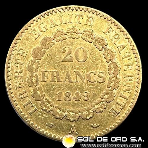 FRANCIA - REPUBLIQUE FRANCAISE - 20 FRANCOS, TIPO ANGEL ESCRIBIENDO - 1849 - MONEDA DE ORO