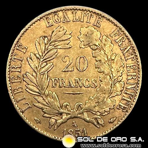 FRANCIA - REPUBLIQUE FRANCAIS - 20 FRANCOS, 1851 - MONEDA DE ORO