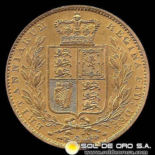 INGLATERRA - SOVEREIGN, LIBRA INGLESA (VICTORIA JOVEN), 1857 - MONEDA DE ORO