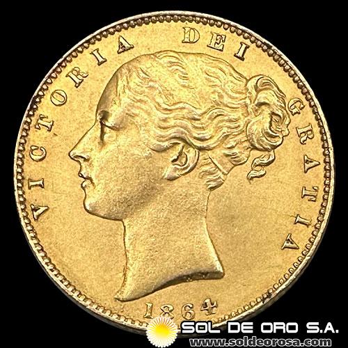 INGLATERRA - SOVEREIGN, LIBRA INGLESA (VICTORIA - JOVEN), 1864 - MONEDA DE ORO