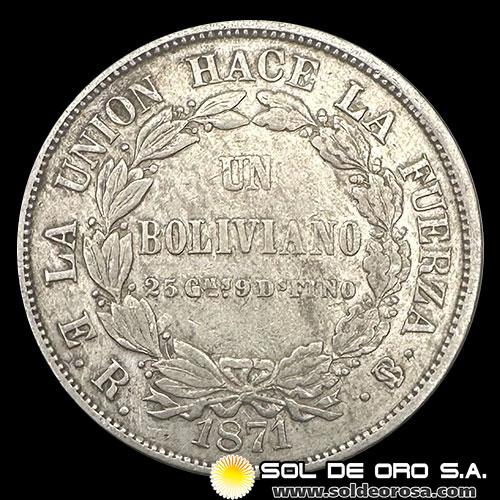 NA1 - REPUBLICA BOLIVIANA - 1 BOLIVIANO, 1871 - MONEDA DE PLATA
