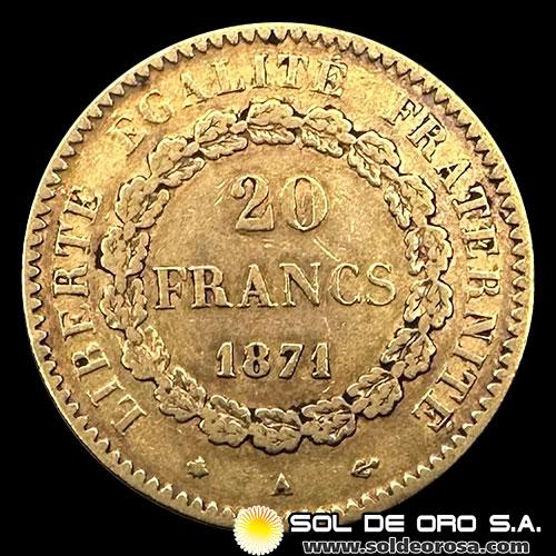 FRANCIA - REPUBLIQUE FRANCAISE - 20 FRANCOS, TIPO ANGEL ESCRIBIENDO - 1871 - MONEDA DE ORO