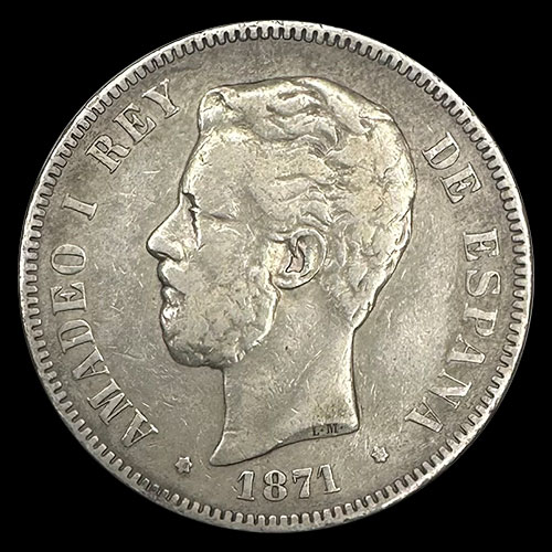 NA2 - ESPANHA - 5 PESETAS - 1871 - ESTRELLAS: 18-73 - AMADEO I REY DE ESPANHA - MONEDA DE PLATA