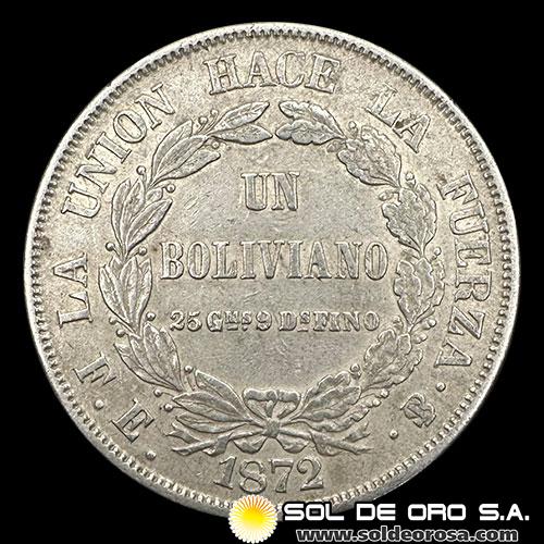 NA1 - BOLIVIA - 1 BOLIVIANO, 1872 - MONEDA DE PLATA