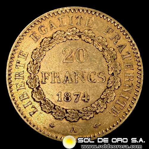 FRANCIA - REPUBLIQUE FRANCAISE - 20 FRANCOS, ANGEL ESCRIBIENDO - 1874 - MONEDA DE ORO