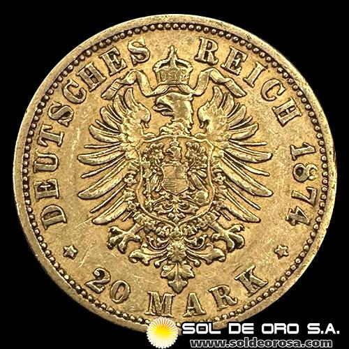 ALEMANIA - 20 MARK - WILHELM DEUTSCHER KAISER KONIG V. PREUSSEN - 1874 - MONEDA DE ORO