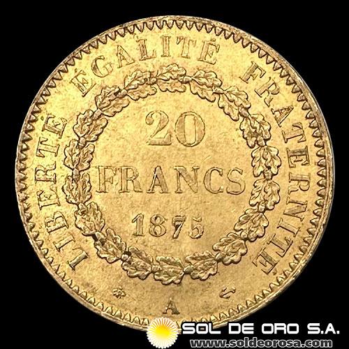 FRANCIA - REPUBLIQUE FRANCAISE - 20 FRANCOS, TIPO ANGEL ESCRIBIENDO, 1875 - MONEDA DE ORO