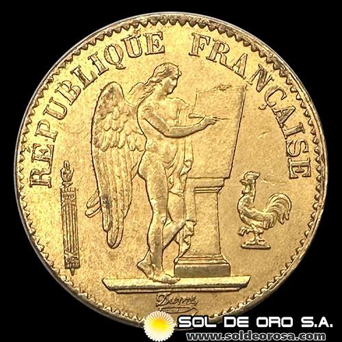 FRANCIA - REPUBLIQUE FRANCAISE - 20 FRANCOS, TIPO ANGEL ESCRIBIENDO - 1875 - MONEDA DE ORO