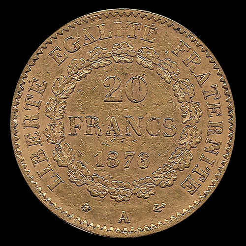  FRANCIA - REPUBLIQUE FRANCAISE - 20 FRANCOS, TIPO ANGEL ESCRIBIENDO, 1876 - MONEDA DE ORO