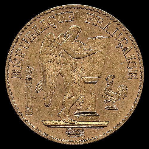  FRANCIA - REPUBLIQUE FRANCAISE - 20 FRANCOS, TIPO ANGEL ESCRIBIENDO, 1876 - MONEDA DE ORO