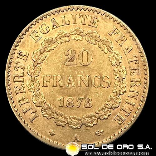 FRANCIA - REPUBLIQUE FRANCAISE - 20 FRANCOS, TIPO ANGEL ESCRIBIENDO, 1878 - MONEDA DE ORO