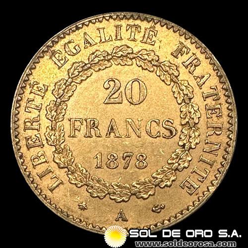 FRANCIA - REPUBLIQUE FRANCAISE - 20 FRANCOS, TIPO ANGEL ESCRIBIENDO, 1878 - MONEDA DE ORO