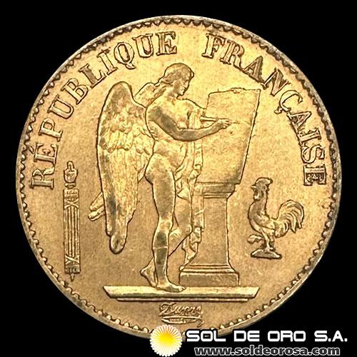 FRANCIA - REPUBLIQUE FRANCAISE - 20 FRANCOS, TIPO ANGEL ESCRIBIENDO, 1878 - MONEDA DE ORO