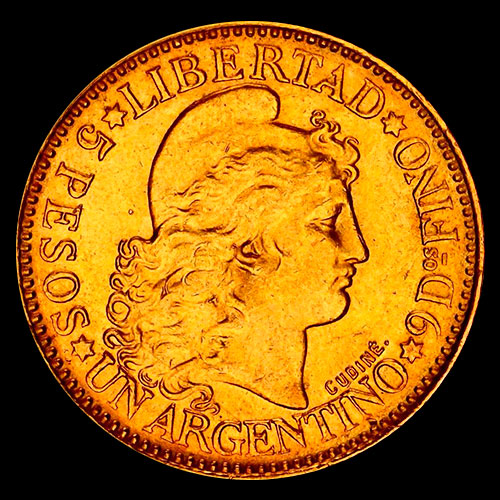 ARGENTINA - CINCO PESOS - UN ARGENTINO, 1882 - MONEDA DE ORO