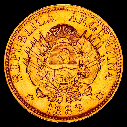 ARGENTINA - CINCO PESOS - UN ARGENTINO, 1882 - MONEDA DE ORO