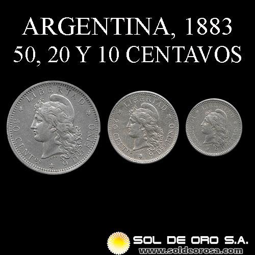 NA1 - REPUBLICA ARGENTINA - SET DE CENTAVOS, 1883 - 50, 20 Y 10 CENTAVOS - MONEDAS DE PLATA