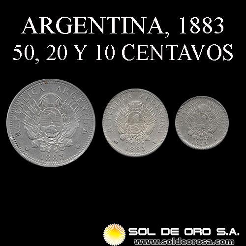 NA1 - REPUBLICA ARGENTINA - SET DE CENTAVOS, 1883 - 50, 20 Y 10 CENTAVOS - MONEDAS DE PLATA