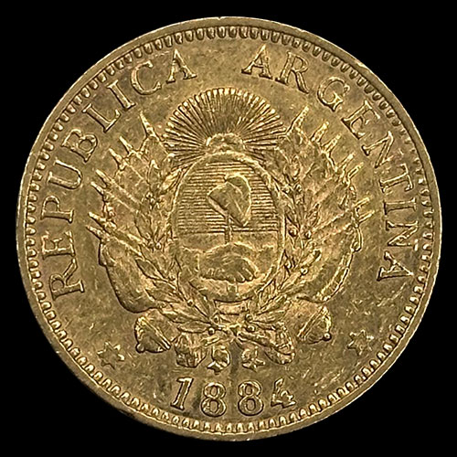 REPUBLICA ARGENTINA - CINCO PESOS - UN ARGENTINO, 1884 - MONEDA DE ORO