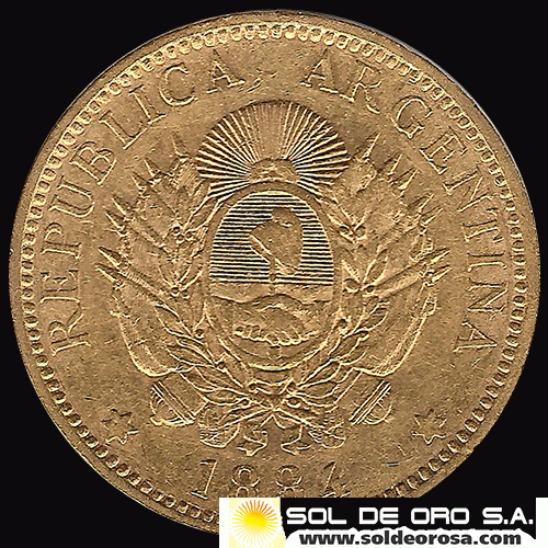 REPUBLICA ARGENTINA - CINCO PESOS - UN ARGENTINO, 1884 - MONEDA DE ORO