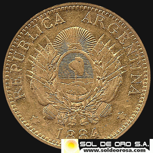 REPUBLICA ARGENTINA - CINCO PESOS - UN ARGENTINO, 1884 - MONEDA DE ORO